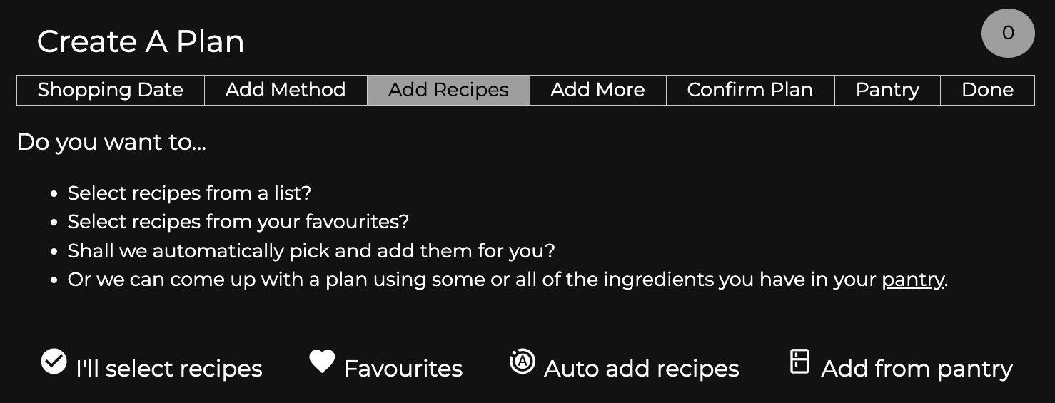 Recipe Planning Screenshot