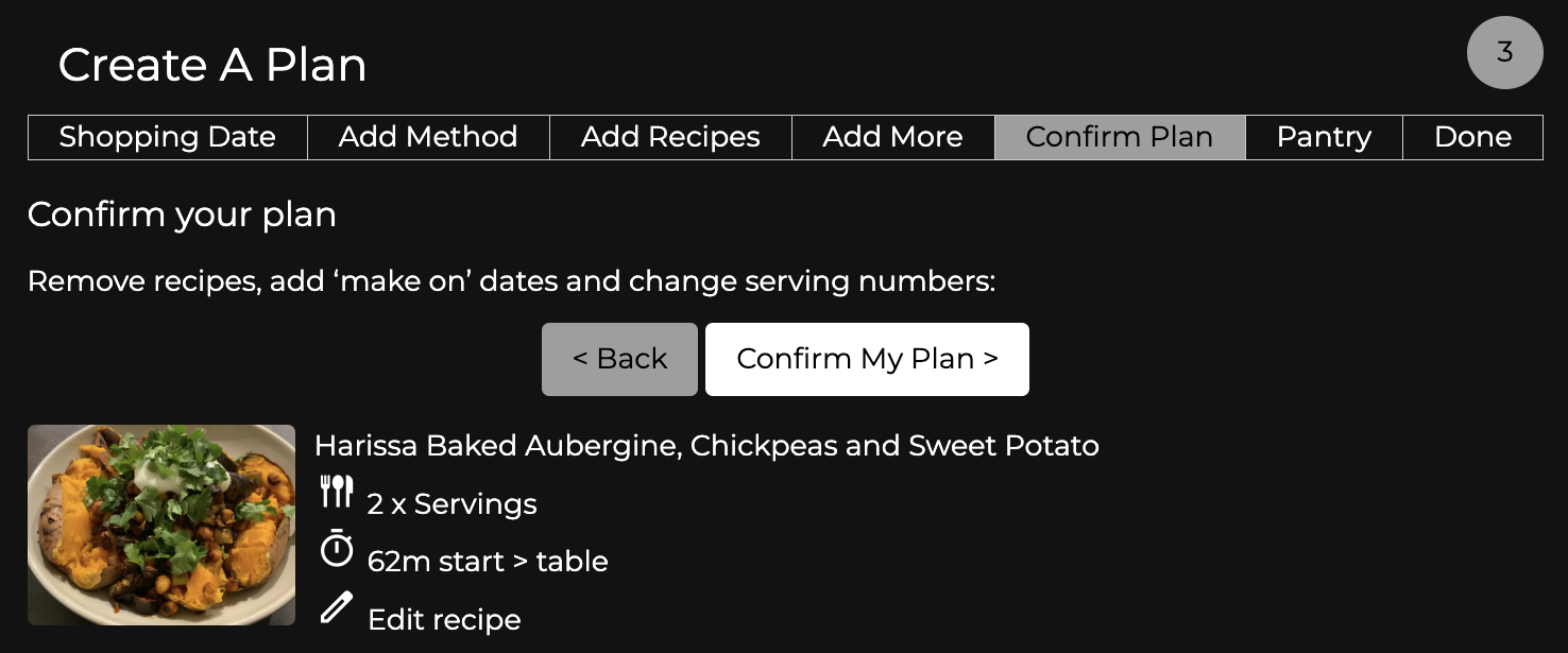 Recipe Planning Screenshot