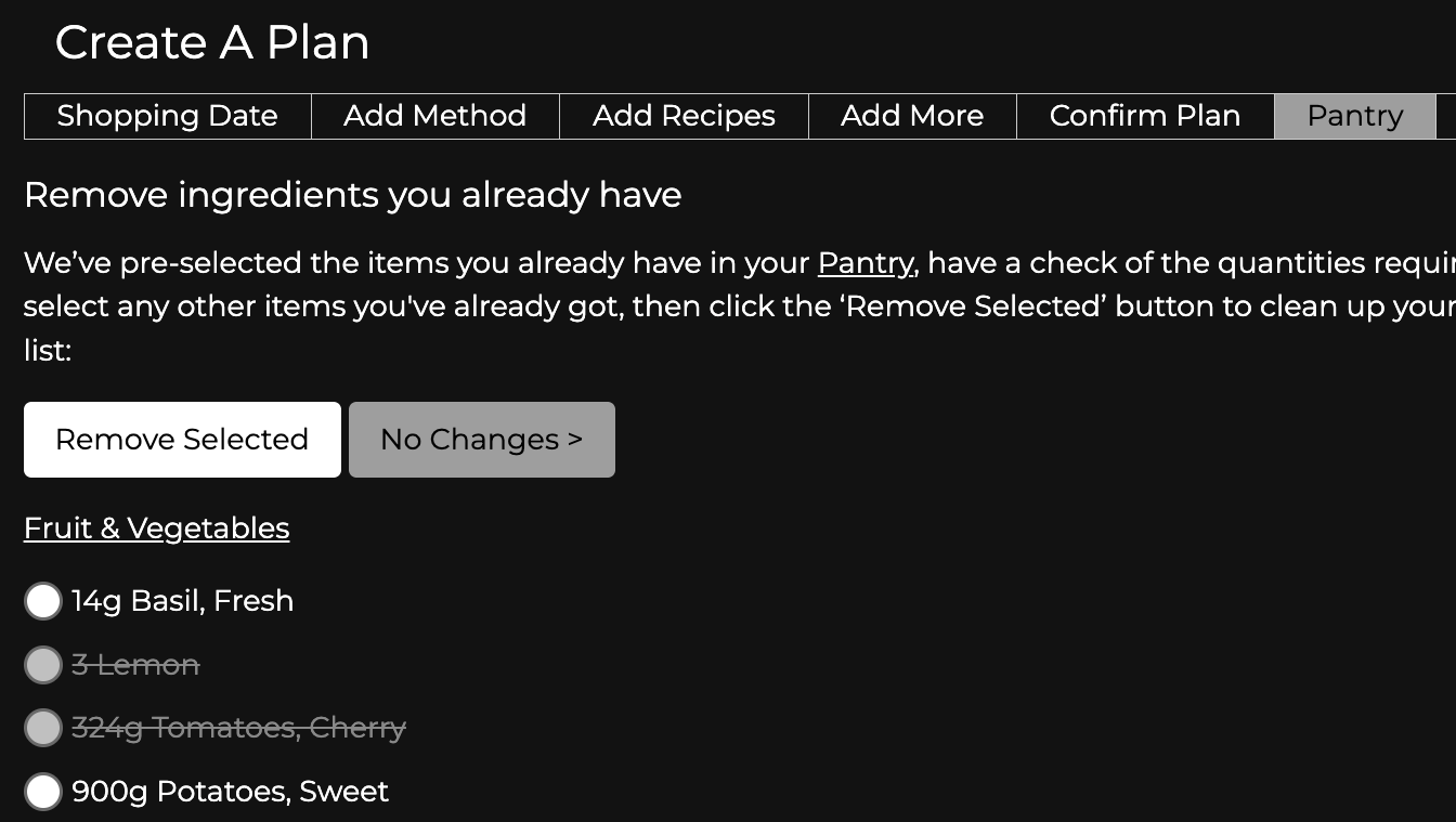 Create a plan grocery list screenshot