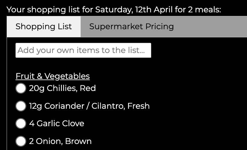 Grocery list screenshot